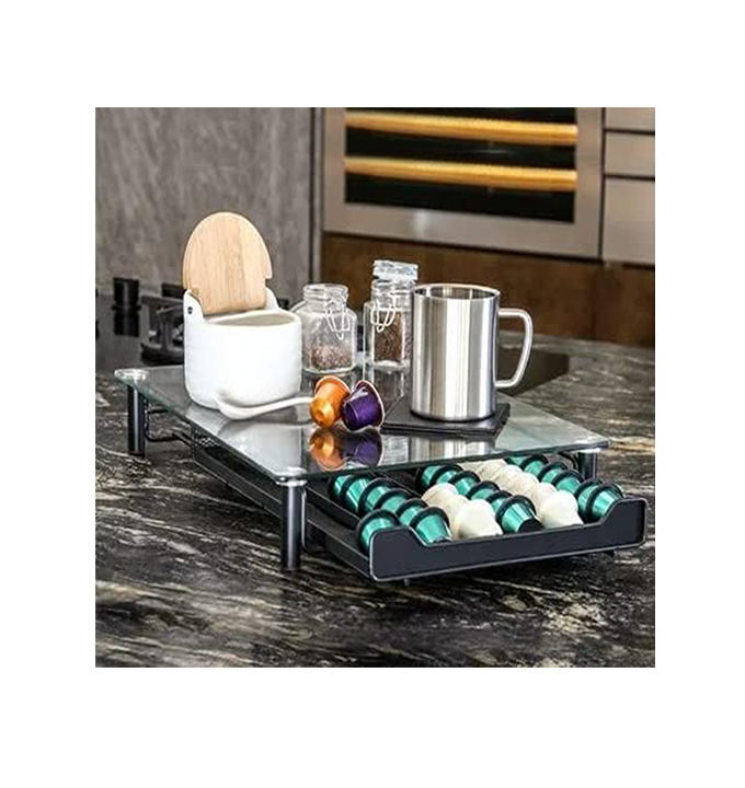 Supporto Macchina del Caffè in Vetro con Cassetto Porta Cialde in Metallo 60 Capsule